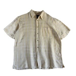 Vintage J. Ferrar Mens Large Yellow Linen Blend Windowpane Short Sleeve Shirt